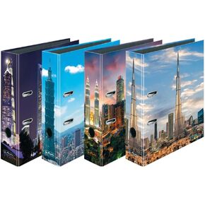 Herlitz® maX.File File Document Binder A4 | 8cm Spine | 2 Ring Lever Mechanism with Pressure Strip | PP Film Coated Fittings | FSC Certified | Skyscrapers