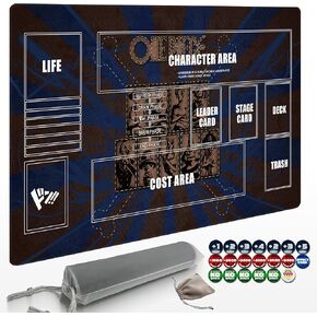 Playmat for One Piece Card Game with Damage Counters & Professional Storage Bag, 24x14 Inches TCG Gaming Mat with Non-Slip Rubber and Zones for Single Player (Black1)