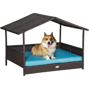 PawHut Wicker Dog House Outdoor with Canopy, Rattan Dog Bed with Water-Resistant Cushion, Raised Dog Bed for Small, Medium Dogs up to 66 lbs, 19.75" in Length, Gradient Gray Wicker & Cushion in Kuwait
