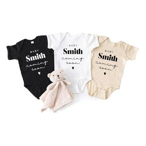 Personalized name Baby Coming soon Bodysuit, Pregnancy announcement to husband, grandma, grandpa, parents