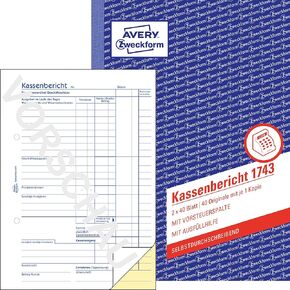 AVERY Zweckform 1743 Cash Report (A5, 2 x 40 Sheets, Self-Copying, Retrograde Determination of Daily Revenue, Tested by Legal Experts, for DE/AT, for Proper Accounting, White/Yellow