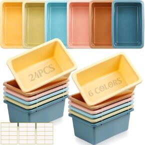 Thyle 24 Pieces 11.6 x 7.7 Inch 6 Colors Plastic Cubby Bins with Labels Classroom Stacking Bins Storage Container Organizer Storage Cubbies for Classroom Office (Retro Color)