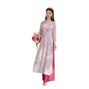 H3 Flower Pink Ao dai Vietnam Set Vietnamese Traditional Ao Dai For Women, Vietnamese Dress, ao dai Tet Lunar New Year (S)