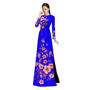 I5 The peach blossom Blue Ao dai Vietnam Vietnamese Traditional Ao Dai For Women, Vietnamese Dress For Women, Ao Dai Dress For Women ao dai Tet (L)