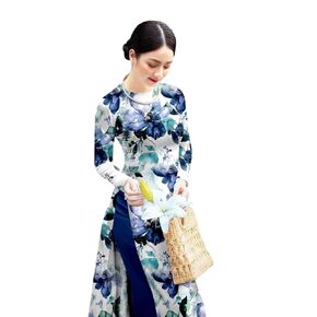 Ao dai 3D printed Vietnamese Traditional Ao Dai For Women, Ao Dai For Women, Vietnamese Dress For Women, Ao Dai Dress For Women Blue flower flower E7 (L)