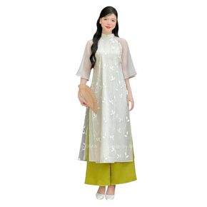 I17 Cream and Pink Leaf embroidered Ao dai Vietnam Set Vietnamese Traditional Ao Dai For Women, Vietnamese Dress, ao dai Tet Lunar New Year (Pink, M)