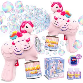 Bubble Gun for Kids with 2 Bottles Refill Solution, 2 Pack Unicorn Bubble Machine Guns for Kid Grils Toddlers 3-8 Bubble Blower Maker Toy for Kids Summer Outdoor Party Garden Toys