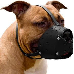 CollarDirect Pitbull Dog Muzzle Leather Amstaff Muzzles Staffordshire Terrier Secure Basket (Black)…