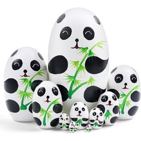 Cute Panda Nesting Dolls, Panda Bears Egg Shape Wooden Handmade Nesting Dolls Set 10 Pieces for Kids Boys Girls Birthday Home Room Decoration