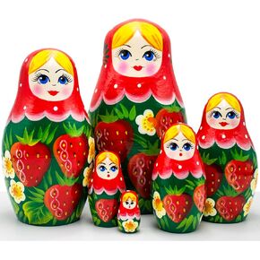 AEVVV Russian Nesting Dolls Wooden Set of 6 pcs - Traditional Russian Matryoshka Strawberry Themed Gifts - Birthday Gift Matryoshka Doll with Strawberries