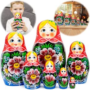 AEVVV Russian Nesting Dolls Set 7 pcs - Russian Nesting Babushka Dolls with Flowers - Handmade Matryoshka Doll with Rose Flowers Home Decor - Munecas Rusas