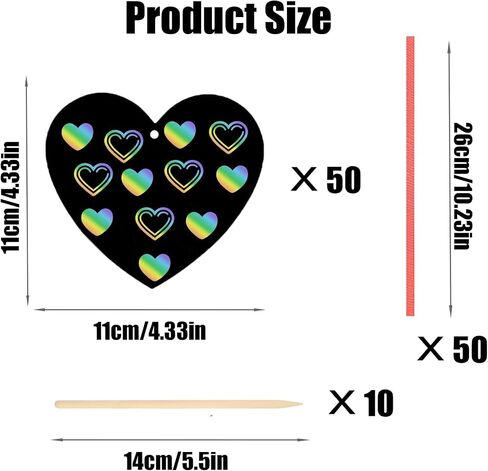 Naturahand 50 Rainbow Scratch Paper with 10 Wooden Scratch Sticks and 50 Red String, Heart Shaped Scratch Off Cards for Valentine DIY Decorations and Art Party Favors(H-1) in Saudi Arabia