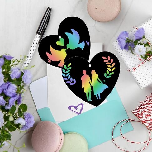 Naturahand 50 Rainbow Scratch Paper with 10 Wooden Scratch Sticks and 50 Red String, Heart Shaped Scratch Off Cards for Valentine DIY Decorations and Art Party Favors(H-1) in Saudi Arabia