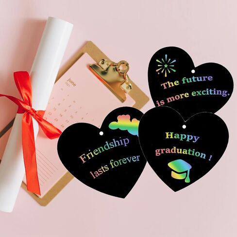 Naturahand 50 Rainbow Scratch Paper with 10 Wooden Scratch Sticks and 50 Red String, Heart Shaped Scratch Off Cards for Valentine DIY Decorations and Art Party Favors(H-1) in Saudi Arabia