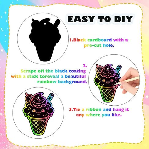 48PCS Ice Cream Scratch Cards,Magic Rainbow Summer Sweet Dessert Scratch Off Cards, Fun DIY Activity for Kids, Birthday Party Favors, School Crafts, Hanging Ornaments Supplies in Saudi Arabia