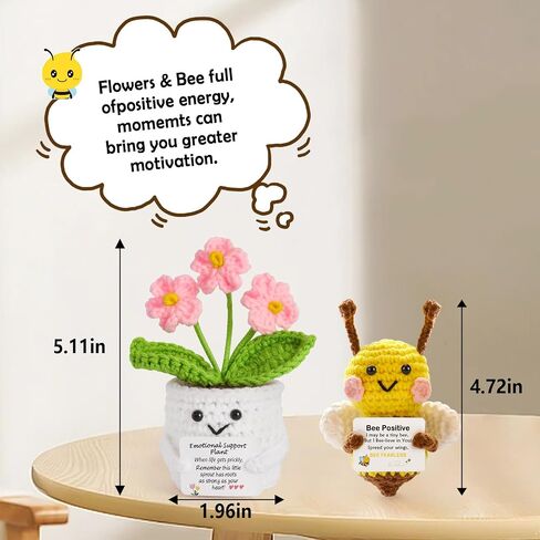 Emotional Support Crochet Flowers and Cute Positive Crochet Animals Bee Handmade Plush Gifts with Encouragement Card for Women Sister Friend Home Office Desk Car Decor in Saudi Arabia