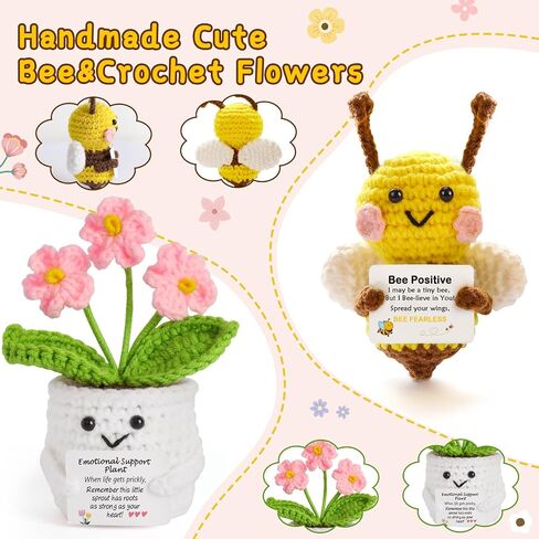 Emotional Support Crochet Flowers and Cute Positive Crochet Animals Bee Handmade Plush Gifts with Encouragement Card for Women Sister Friend Home Office Desk Car Decor in Saudi Arabia