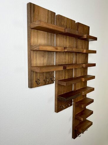 الجرف الشمسي الخشبي مع السنانير الرئيسية | الرف العائم | منظمة المدخل | رف النظارات | التخزين | رفوف مثبتة على الحائط جودة (8 رف + خطافات مفتاح ، الجوز) in Kuwait