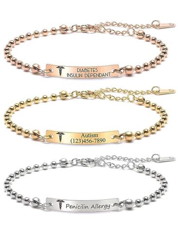 MignonandMignon Personalized Medical ID for Women Engraved Diabetes Alert Bracelet Ball Chain Prescription Kids Jewelry -B-3BR-MD in Kuwait