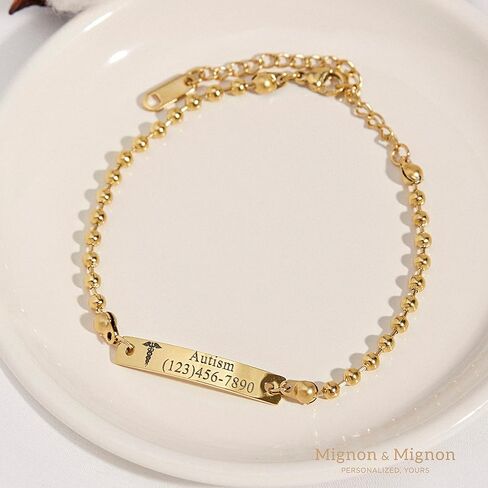 MignonandMignon Personalized Medical ID for Women Engraved Diabetes Alert Bracelet Ball Chain Prescription Kids Jewelry -B-3BR-MD in Kuwait