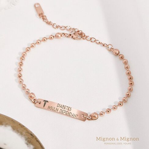 MignonandMignon Personalized Medical ID for Women Engraved Diabetes Alert Bracelet Ball Chain Prescription Kids Jewelry -B-3BR-MD in Kuwait