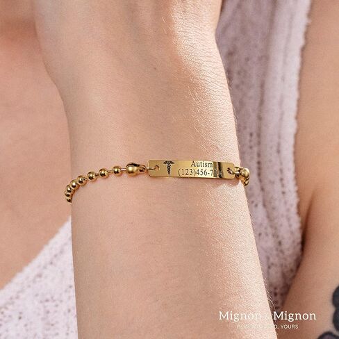 MignonandMignon Personalized Medical ID for Women Engraved Diabetes Alert Bracelet Ball Chain Prescription Kids Jewelry -B-3BR-MD in Kuwait