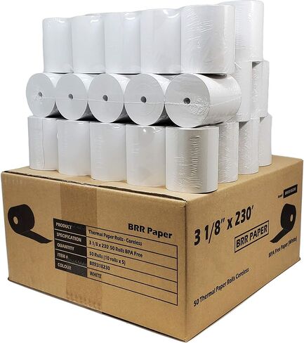 (55 GSM Paper Thickness Coreless) 3-1/8" x 230' (50 Rolls - 1 Case) Bpa Free Thermal Receipt Printer Paper | No Branding | Blank Tabs | Drop Shipping in Saudi Arabia