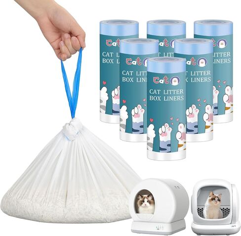 60 Count Self-Cleaning Cat Litter Box Liners for MW-SC01/MW-SC02/MW-LR01, Drawstring Heavy Duty Waste Bags, Leak-Proof Disposable Trash Bags - 18" x 12.6" in Saudi Arabia