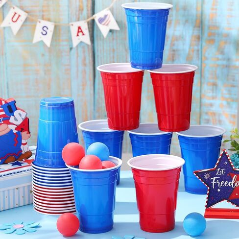 32 Pieces 4th of July Party Game Set, 24 Pcs Patriotic Red White Blue Plastic Cup 16 oz and 8 Pcs American Flag Ball Set for Adults Independence Day Party Decorations in Saudi Arabia