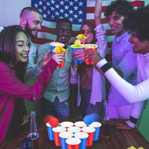 32 Pieces 4th of July Party Game Set, 24 Pcs Patriotic Red White Blue Plastic Cup 16 oz and 8 Pcs American Flag Ball Set for Adults Independence Day Party Decorations in Saudi Arabia
