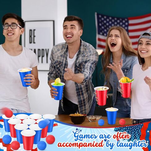 32 Pieces 4th of July Party Game Set, 24 Pcs Patriotic Red White Blue Plastic Cup 16 oz and 8 Pcs American Flag Ball Set for Adults Independence Day Party Decorations in Saudi Arabia