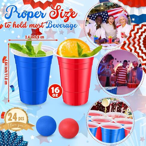 32 Pieces 4th of July Party Game Set, 24 Pcs Patriotic Red White Blue Plastic Cup 16 oz and 8 Pcs American Flag Ball Set for Adults Independence Day Party Decorations in Saudi Arabia