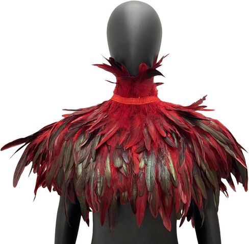 Gothic Feather Cape for Halloween – Handmade Rooster Feather Shoulder Shawl, Masquerade Costume Collar Accessory (Rose red) in Kuwait