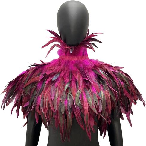 Gothic Feather Cape for Halloween – Handmade Rooster Feather Shoulder Shawl, Masquerade Costume Collar Accessory (Rose red) in Kuwait