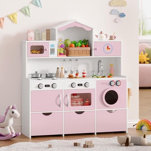 Keyluv Wooden Play Kitchen for Kids and Toddler, Modern Toy Kitchen Set with Plenty of Pretend Play Features and Storage Drawers, Gift for Boys and Girls Ages 3+, Pink in Saudi Arabia