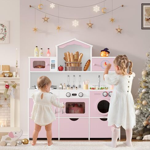 Keyluv Wooden Play Kitchen for Kids and Toddler, Modern Toy Kitchen Set with Plenty of Pretend Play Features and Storage Drawers, Gift for Boys and Girls Ages 3+, Pink in Saudi Arabia