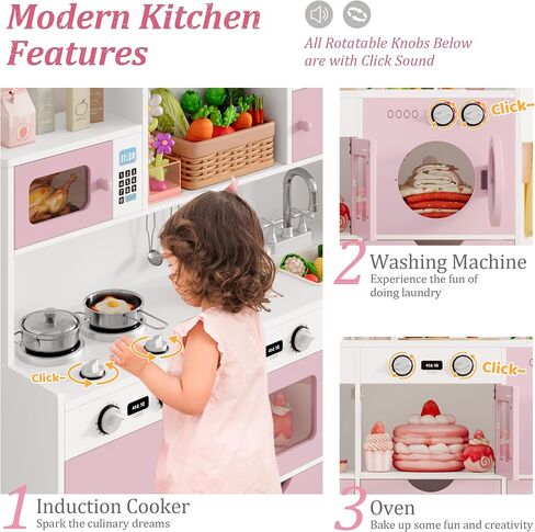Keyluv Wooden Play Kitchen for Kids and Toddler, Modern Toy Kitchen Set with Plenty of Pretend Play Features and Storage Drawers, Gift for Boys and Girls Ages 3+, Pink in Saudi Arabia