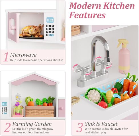 Keyluv Wooden Play Kitchen for Kids and Toddler, Modern Toy Kitchen Set with Plenty of Pretend Play Features and Storage Drawers, Gift for Boys and Girls Ages 3+, Pink in Saudi Arabia