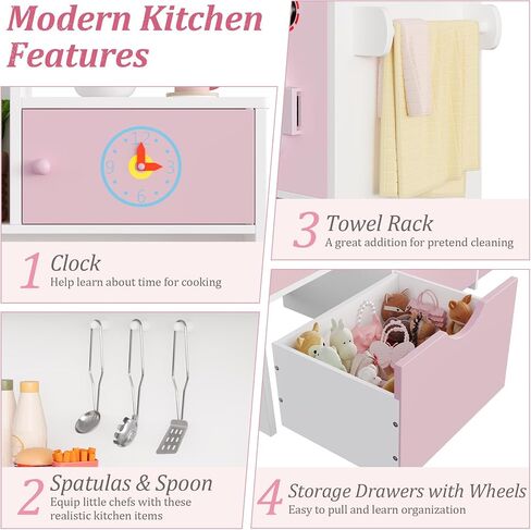 Keyluv Wooden Play Kitchen for Kids and Toddler, Modern Toy Kitchen Set with Plenty of Pretend Play Features and Storage Drawers, Gift for Boys and Girls Ages 3+, Pink in Saudi Arabia