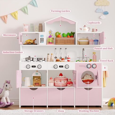 Keyluv Wooden Play Kitchen for Kids and Toddler, Modern Toy Kitchen Set with Plenty of Pretend Play Features and Storage Drawers, Gift for Boys and Girls Ages 3+, Pink in Saudi Arabia