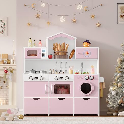 Keyluv Wooden Play Kitchen for Kids and Toddler, Modern Toy Kitchen Set with Plenty of Pretend Play Features and Storage Drawers, Gift for Boys and Girls Ages 3+, Pink in Saudi Arabia