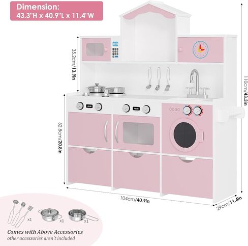 Keyluv Wooden Play Kitchen for Kids and Toddler, Modern Toy Kitchen Set with Plenty of Pretend Play Features and Storage Drawers, Gift for Boys and Girls Ages 3+, Pink in Saudi Arabia