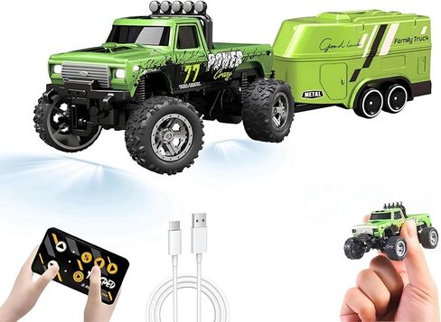1:64 Scale Mini Remote Control Monster Truck with Trailer | 2.4GHz & App Dual Control, Alloy Mini RC Car with LED Lights, Portable Pocket Toy Car for Kids & Adults, Gift for Boys (Blue-b) in Saudi Arabia
