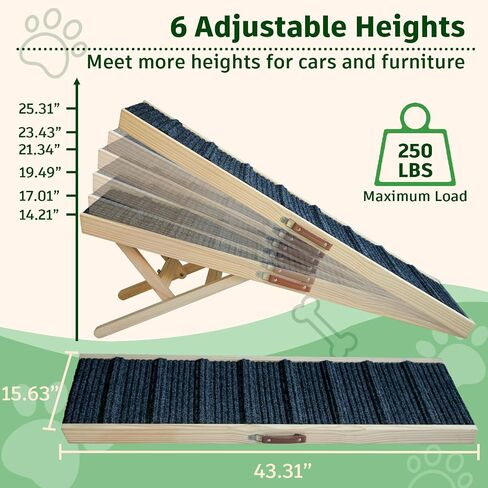 Dog Ramp for Bed, 43.5" Long Wooden Foldable Dog Ramp, 6 Adjustable Heights from 14" to 26" with Anti-Slip Traction Mat, Portable Pet Ramp for Car, Bed, Couch, Max 200lbs - 43.5inch in Saudi Arabia
