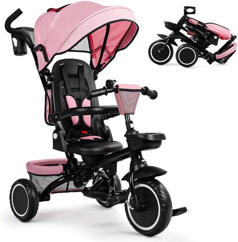 Folding Kids Tricycle, 8 in 1 Baby Trike W/Removable & Adjustable Canopy, Parent Handle, 5-Piont Safety Harness, Toddler Bike Stroller for Kids 1-6 Years, EVA Wheels, Storage Basket, Pink in Saudi Arabia