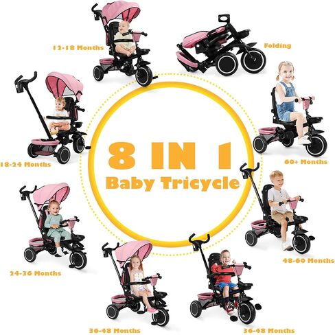 Folding Kids Tricycle, 8 in 1 Baby Trike W/Removable & Adjustable Canopy, Parent Handle, 5-Piont Safety Harness, Toddler Bike Stroller for Kids 1-6 Years, EVA Wheels, Storage Basket, Pink in Saudi Arabia