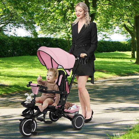 Folding Kids Tricycle, 8 in 1 Baby Trike W/Removable & Adjustable Canopy, Parent Handle, 5-Piont Safety Harness, Toddler Bike Stroller for Kids 1-6 Years, EVA Wheels, Storage Basket, Pink in Saudi Arabia