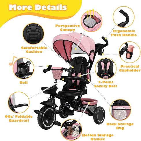 Folding Kids Tricycle, 8 in 1 Baby Trike W/Removable & Adjustable Canopy, Parent Handle, 5-Piont Safety Harness, Toddler Bike Stroller for Kids 1-6 Years, EVA Wheels, Storage Basket, Pink in Saudi Arabia