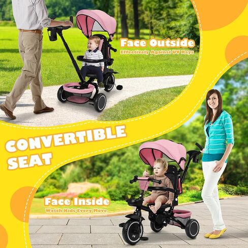 Folding Kids Tricycle, 8 in 1 Baby Trike W/Removable & Adjustable Canopy, Parent Handle, 5-Piont Safety Harness, Toddler Bike Stroller for Kids 1-6 Years, EVA Wheels, Storage Basket, Pink in Saudi Arabia