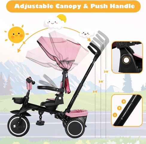 Folding Kids Tricycle, 8 in 1 Baby Trike W/Removable & Adjustable Canopy, Parent Handle, 5-Piont Safety Harness, Toddler Bike Stroller for Kids 1-6 Years, EVA Wheels, Storage Basket, Pink in Saudi Arabia